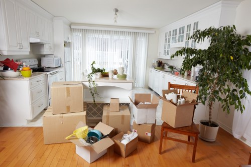 Office furniture and boxes prepared for a Wimbledon relocation